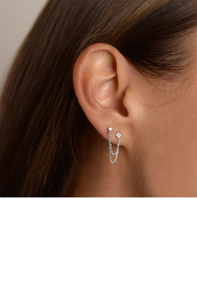 925 Sterling Silver Simple Personality Geometric Tassel Double Stud Earrings with Cubic Zirconia - Luxurious Look