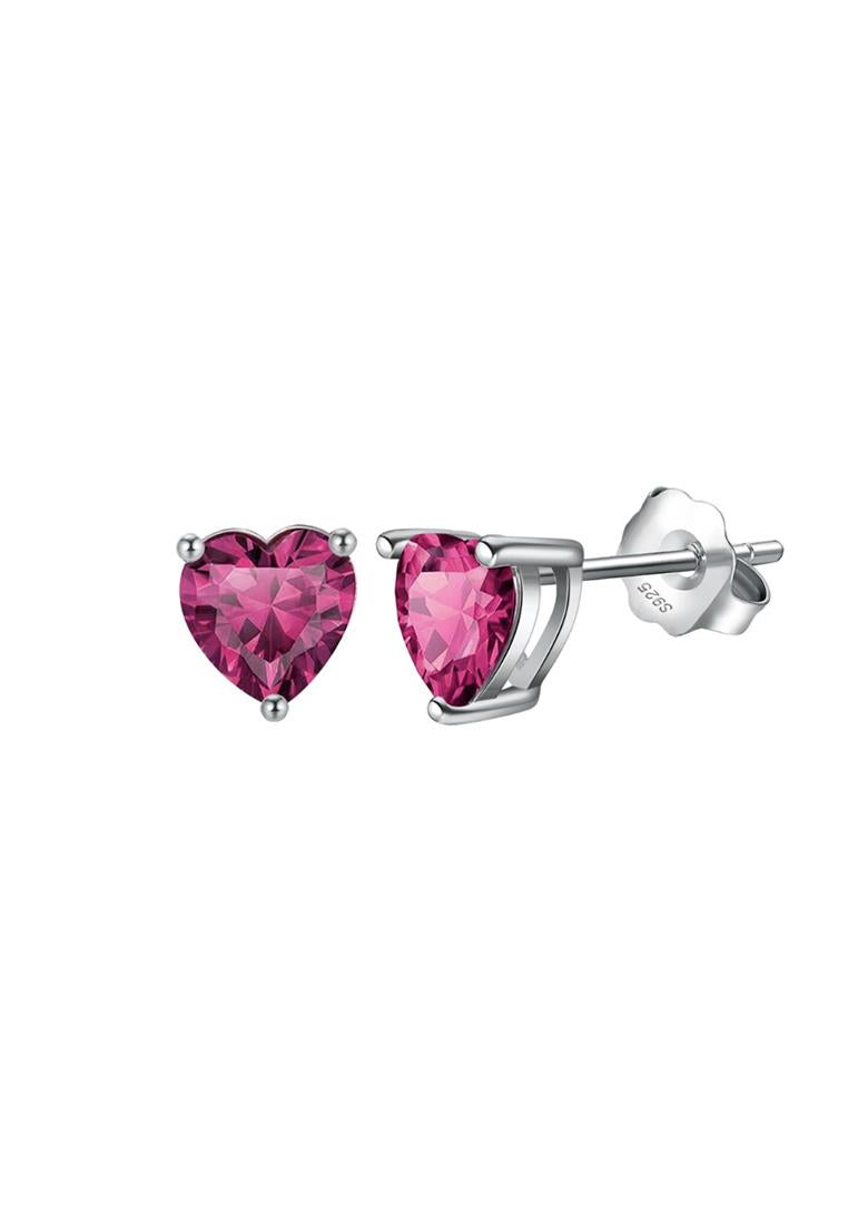 925 Sterling Silver Simple Fashion July Birthstone Heart Stud Earrings with Rose Red Cubic Zirconia - Luxurious Look - Vibrant Color