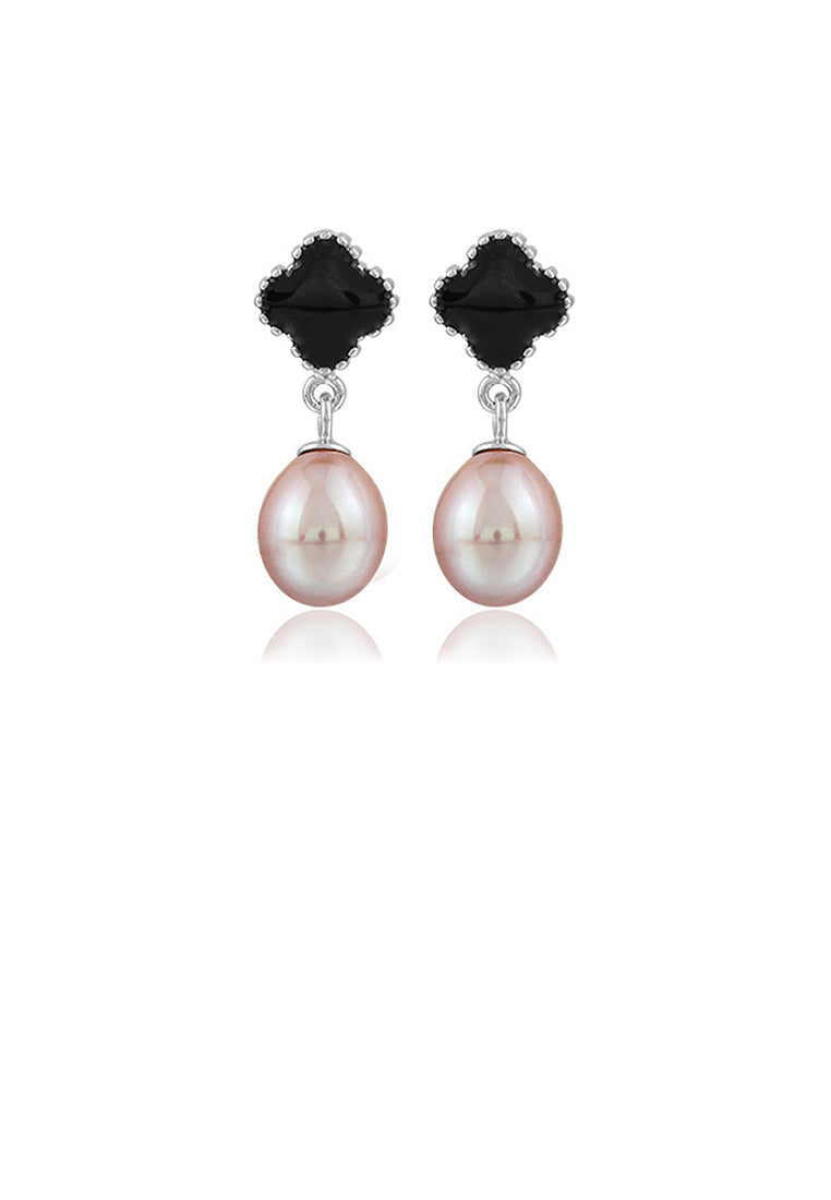 925 Sterling Silver Fashion and Elegant Four-leafed Clover Freshwater Pearl Earrings with Cubic Zirconia - Luxurious Look