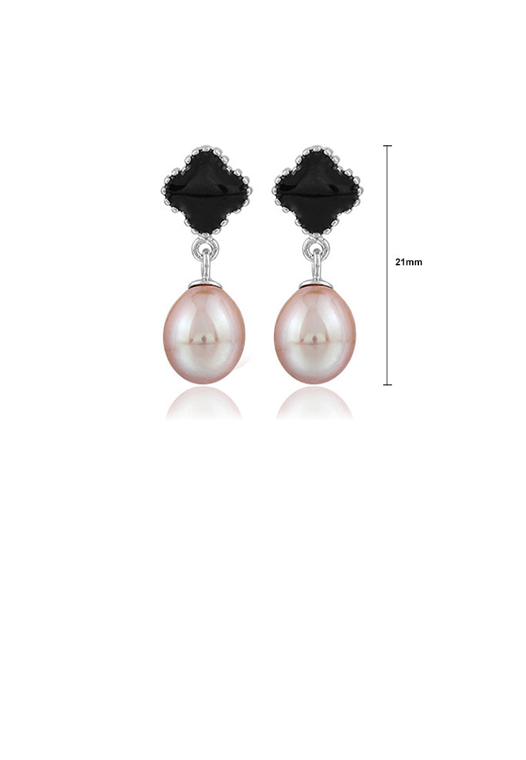 925 Sterling Silver Fashion and Elegant Four-leafed Clover Freshwater Pearl Earrings with Cubic Zirconia - Luxurious Look