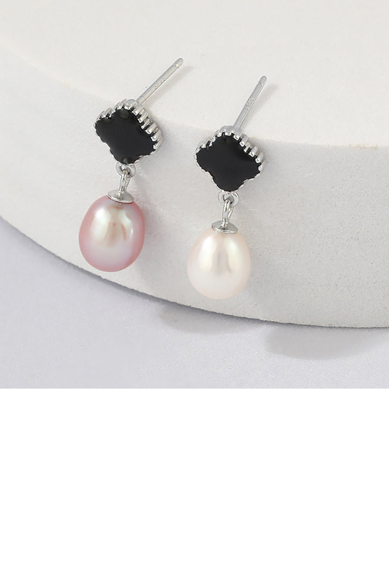 925 Sterling Silver Fashion and Elegant Four-leafed Clover Freshwater Pearl Earrings with Cubic Zirconia - Luxurious Look