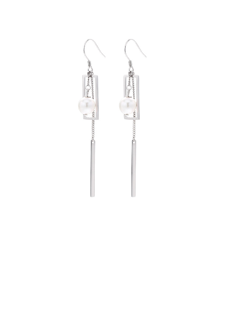 925 Sterling Silver Simple Fashion Geometric Rectangle Tassel Earrings with Freshwater Pearls