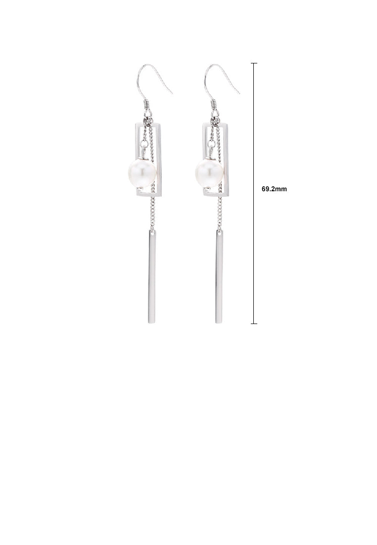 925 Sterling Silver Simple Fashion Geometric Rectangle Tassel Earrings with Freshwater Pearls