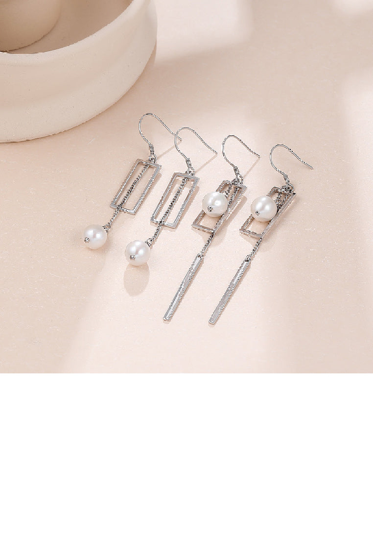 925 Sterling Silver Simple Fashion Geometric Rectangle Tassel Earrings with Freshwater Pearls