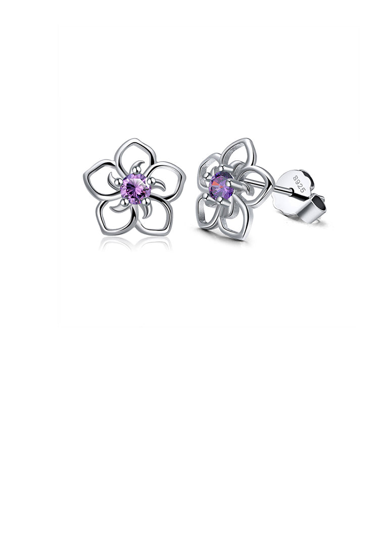 925 Sterling Silver Simple Fashion Hollow Flower Stud Earrings with Purple Cubic Zirconia - Luxurious Look