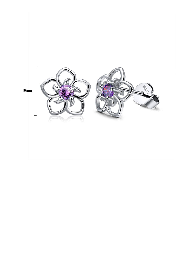 925 Sterling Silver Simple Fashion Hollow Flower Stud Earrings with Purple Cubic Zirconia - Luxurious Look