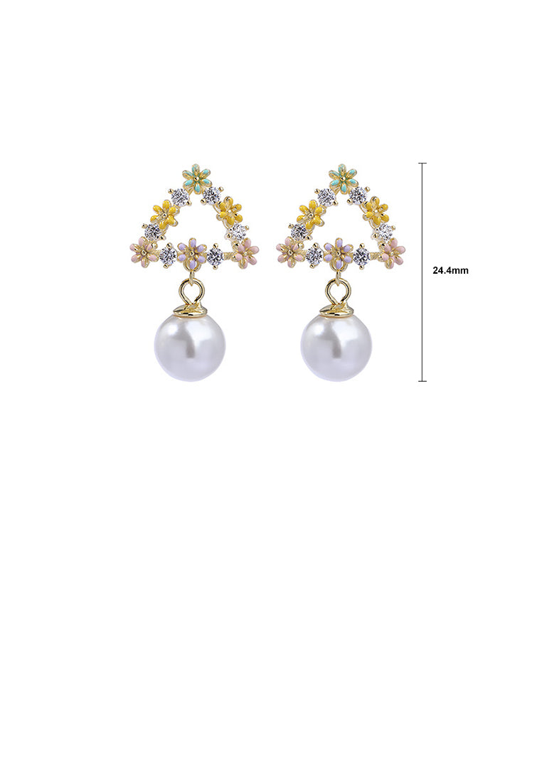 925 Sterling Silver Plated Gold Fashion Elegant Triangle Flower Cubic Zirconia Earrings with Imitation Pearls - Luxurious Look