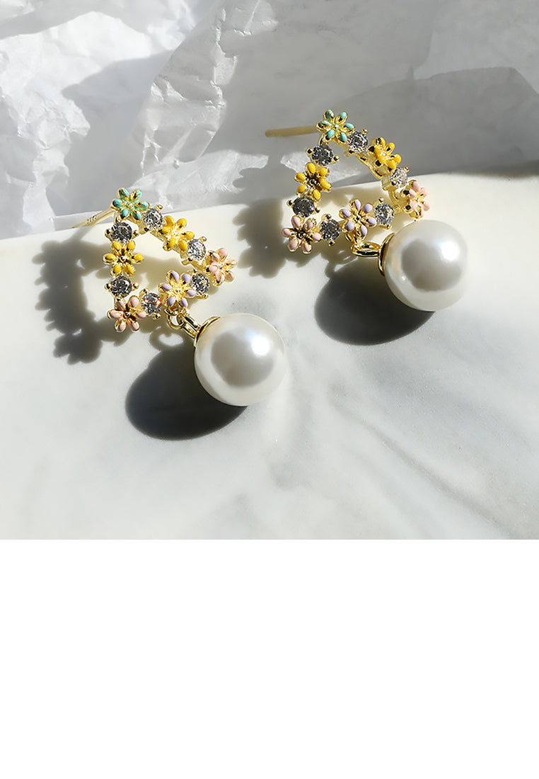 925 Sterling Silver Plated Gold Fashion Elegant Triangle Flower Cubic Zirconia Earrings with Imitation Pearls - Luxurious Look