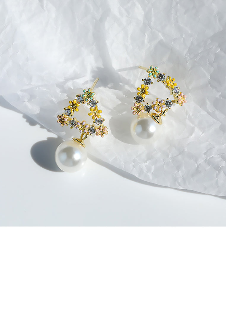 925 Sterling Silver Plated Gold Fashion Elegant Triangle Flower Cubic Zirconia Earrings with Imitation Pearls - Luxurious Look