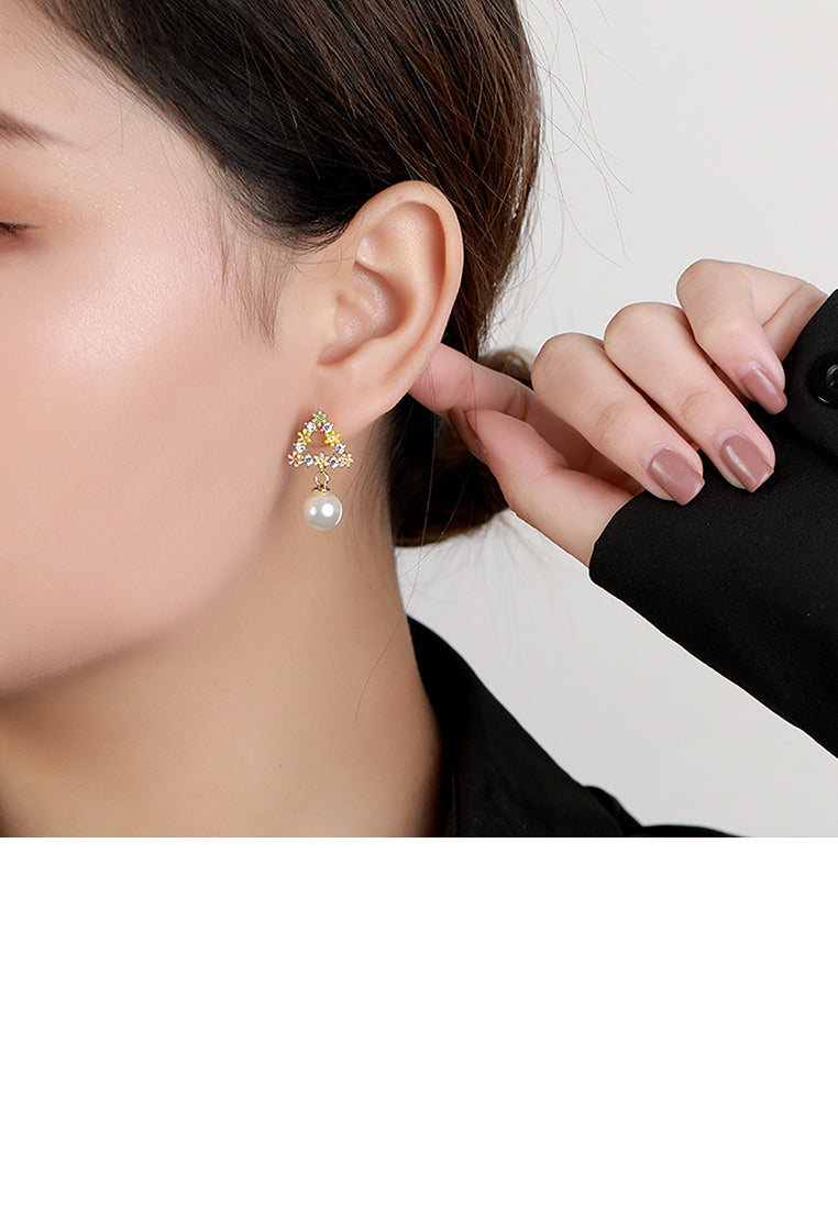 925 Sterling Silver Plated Gold Fashion Elegant Triangle Flower Cubic Zirconia Earrings with Imitation Pearls - Luxurious Look