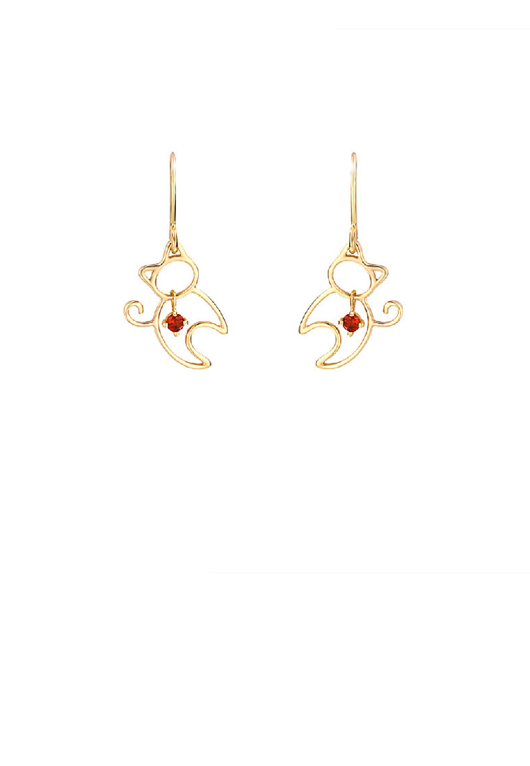 925 Sterling Silver Plated Gold Simple Cute Hollow Cat Earrings with Red Cubic Zirconia - Luxurious Look - Vibrant Color
