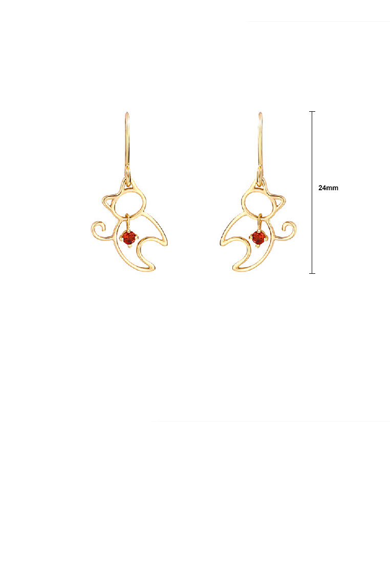 925 Sterling Silver Plated Gold Simple Cute Hollow Cat Earrings with Red Cubic Zirconia - Luxurious Look - Vibrant Color