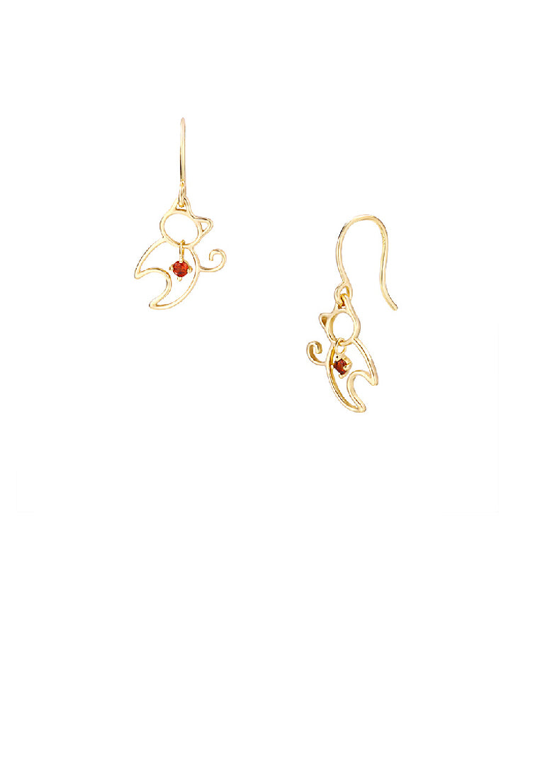 925 Sterling Silver Plated Gold Simple Cute Hollow Cat Earrings with Red Cubic Zirconia - Luxurious Look - Vibrant Color