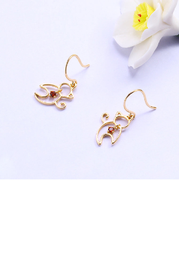 925 Sterling Silver Plated Gold Simple Cute Hollow Cat Earrings with Red Cubic Zirconia - Luxurious Look - Vibrant Color
