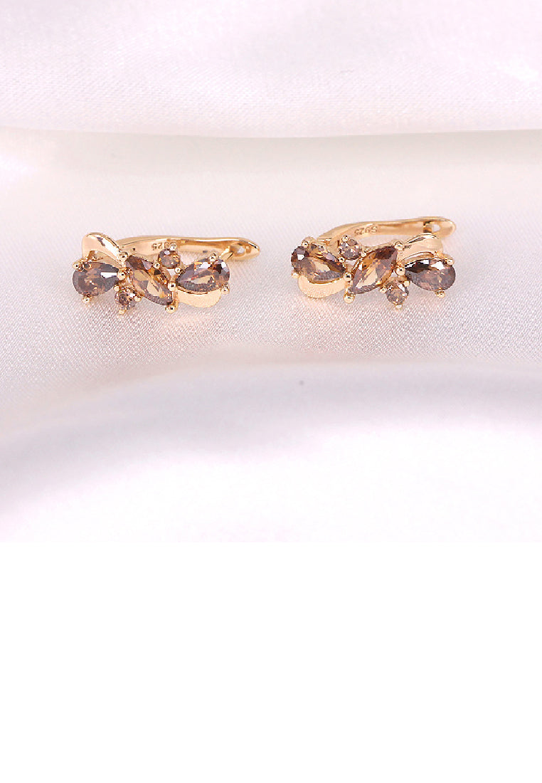 925 Sterling Silver Plated Gold Fashion Simple Geometric Stud Earrings with Brown Cubic Zirconia - Luxurious Look - Vibrant Color