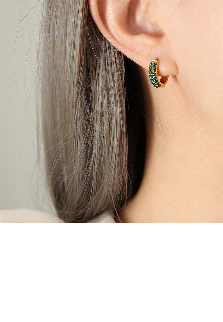Simple Personality Plated Gold 316L Stainless Steel Geometric Circle Stud Earrings with Green Cubic Zirconia - Luxurious Look
