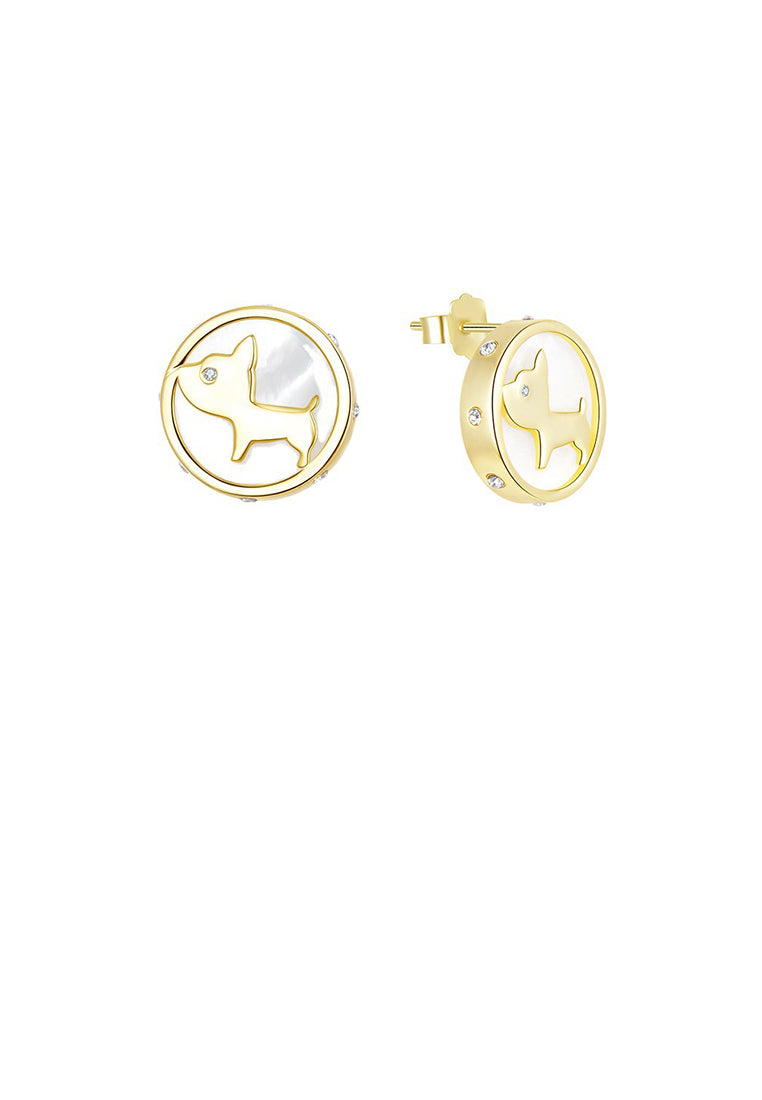 925 Sterling Silver Plated Gold Simple Cute Puppy Mother Of Pearl Geometric Round Stud Earrings with Cubic Zirconia - Luxurious Look