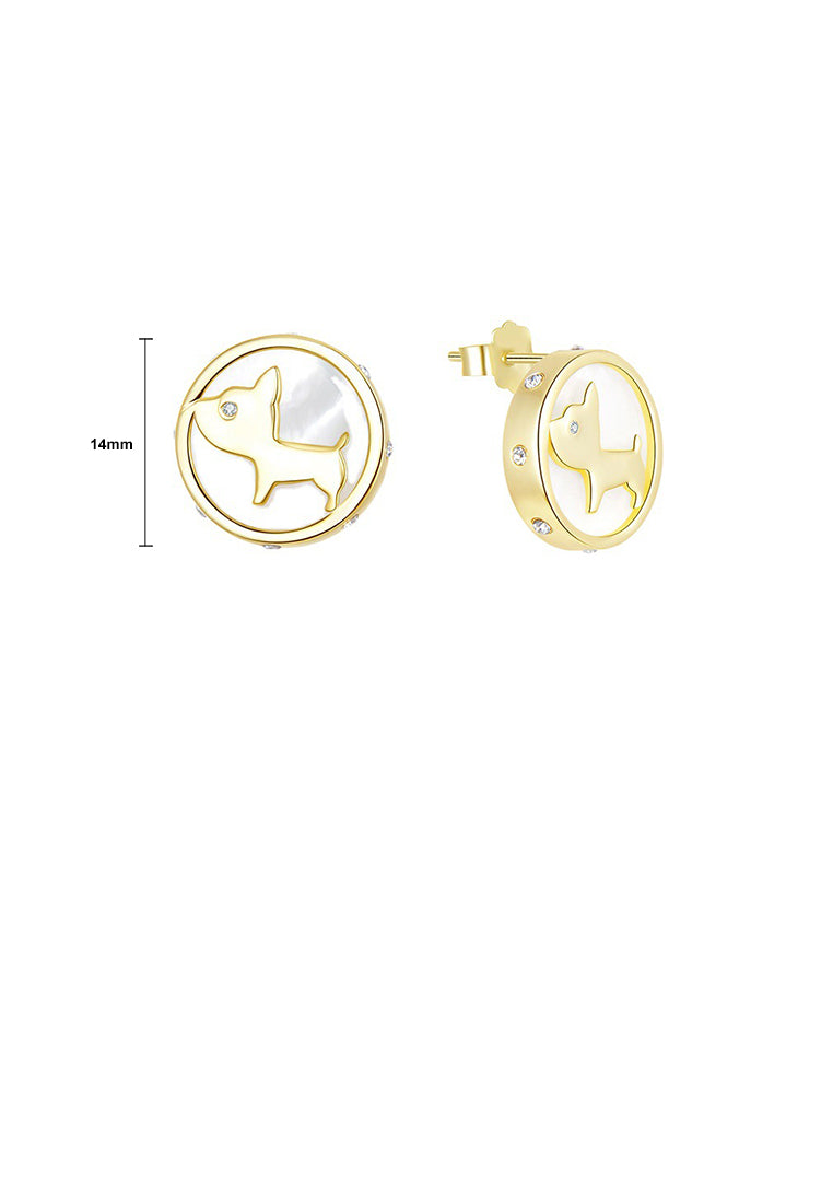 925 Sterling Silver Plated Gold Simple Cute Puppy Mother Of Pearl Geometric Round Stud Earrings with Cubic Zirconia - Luxurious Look