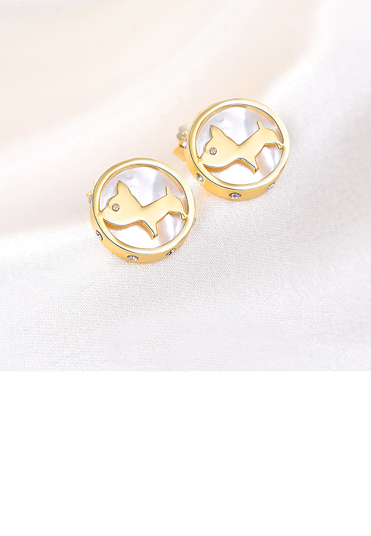 925 Sterling Silver Plated Gold Simple Cute Puppy Mother Of Pearl Geometric Round Stud Earrings with Cubic Zirconia - Luxurious Look