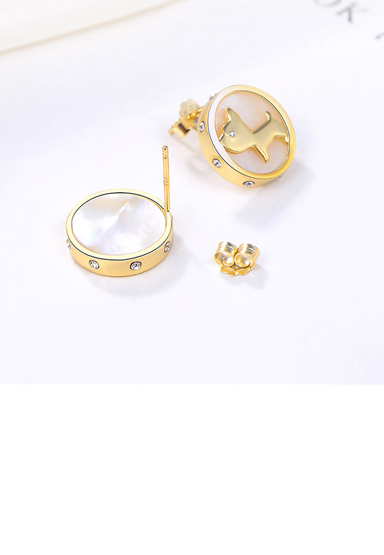 925 Sterling Silver Plated Gold Simple Cute Puppy Mother Of Pearl Geometric Round Stud Earrings with Cubic Zirconia - Luxurious Look