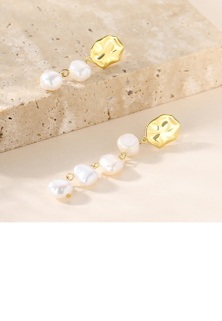 925 Sterling Silver Plated Gold Fashion Elegant Irregular Freshwater Pearl Geometric Asymmetric Earrings - Luxurious Look