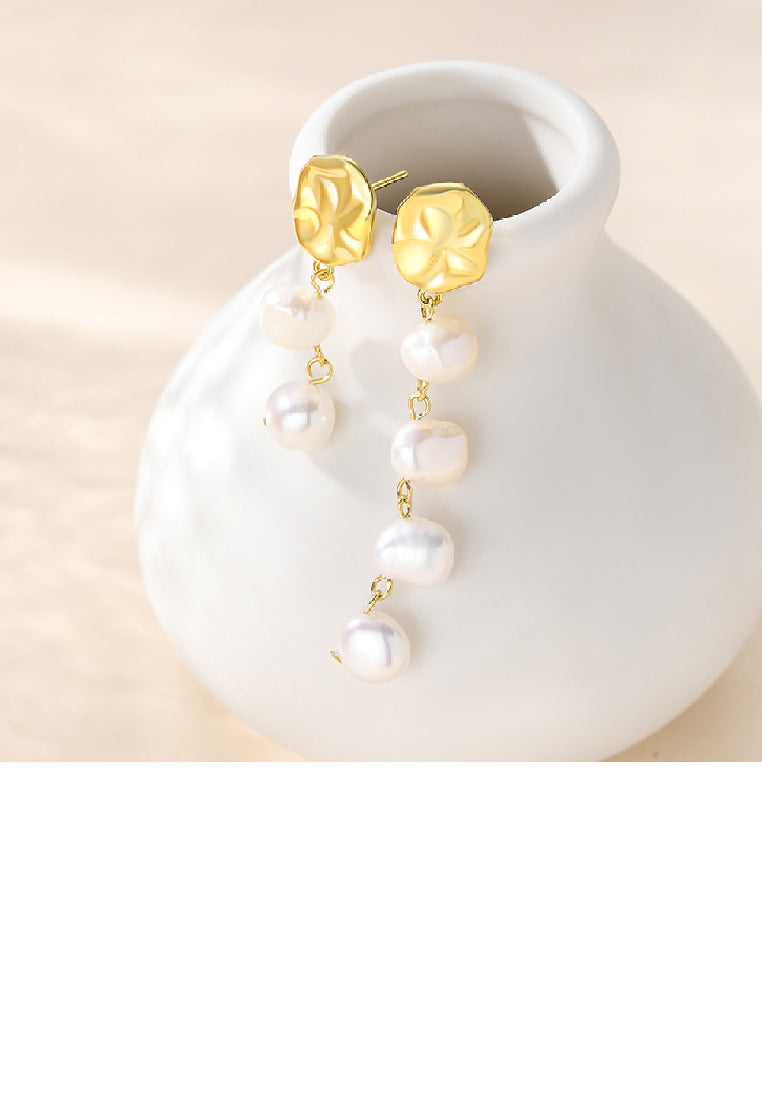 925 Sterling Silver Plated Gold Fashion Elegant Irregular Freshwater Pearl Geometric Asymmetric Earrings - Luxurious Look