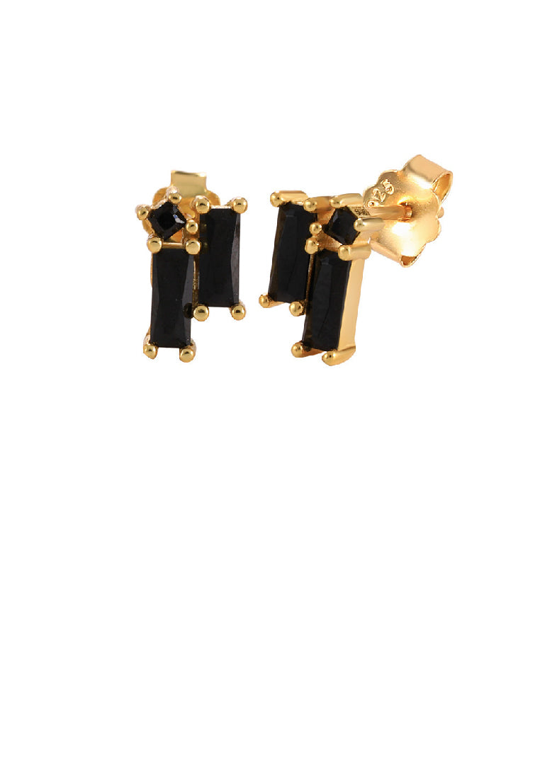 925 Sterling Silver Plated Gold Simple Temperament Geometric Square Stud Earrings with Black Cubic Zirconia - Luxurious Look
