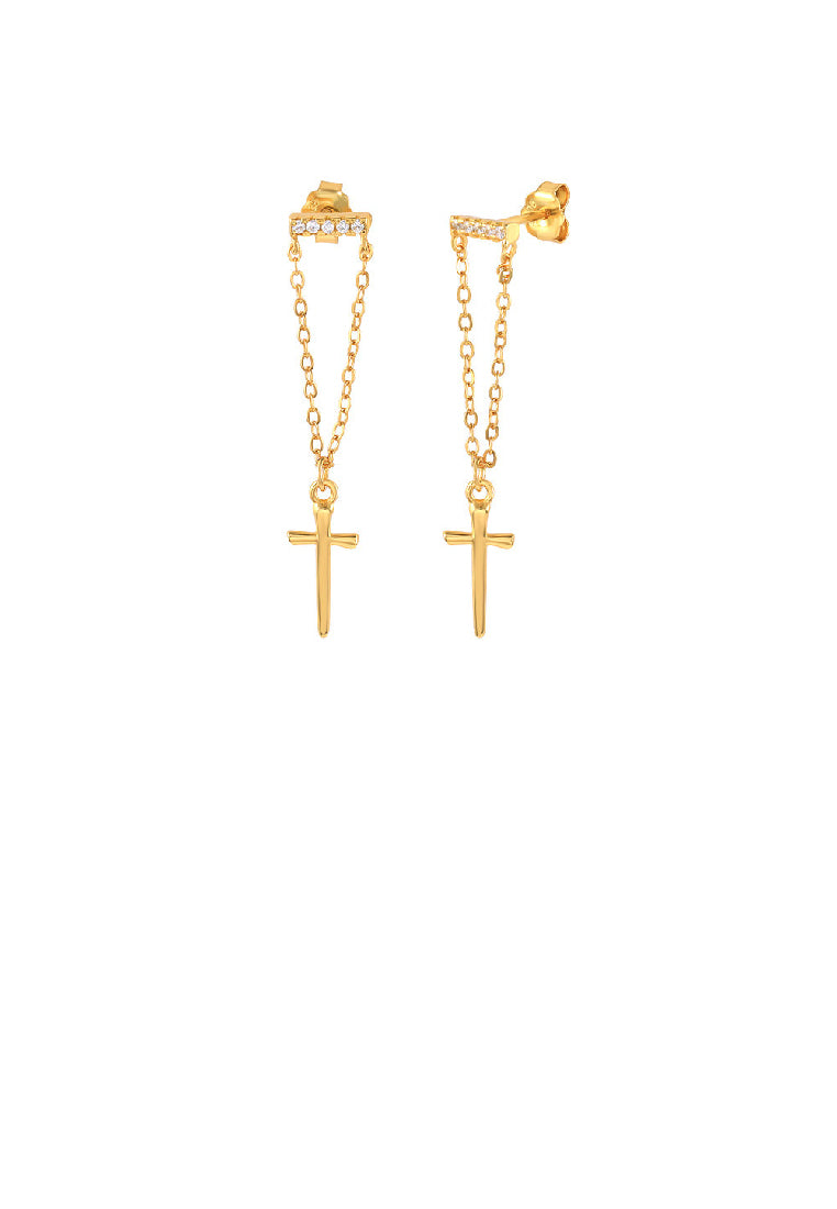 925 Sterling Silver Plated Gold Fashion Personality Cross Tassel Earrings with Cubic Zirconia - Luxurious Look