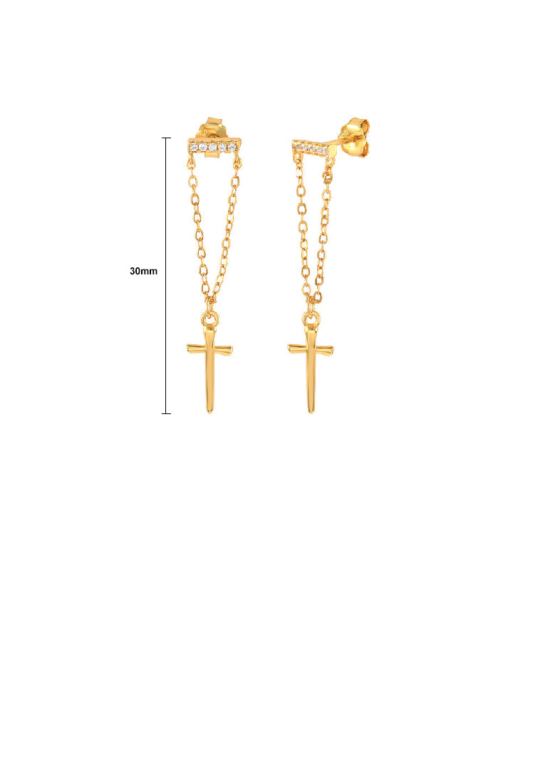 925 Sterling Silver Plated Gold Fashion Personality Cross Tassel Earrings with Cubic Zirconia - Luxurious Look