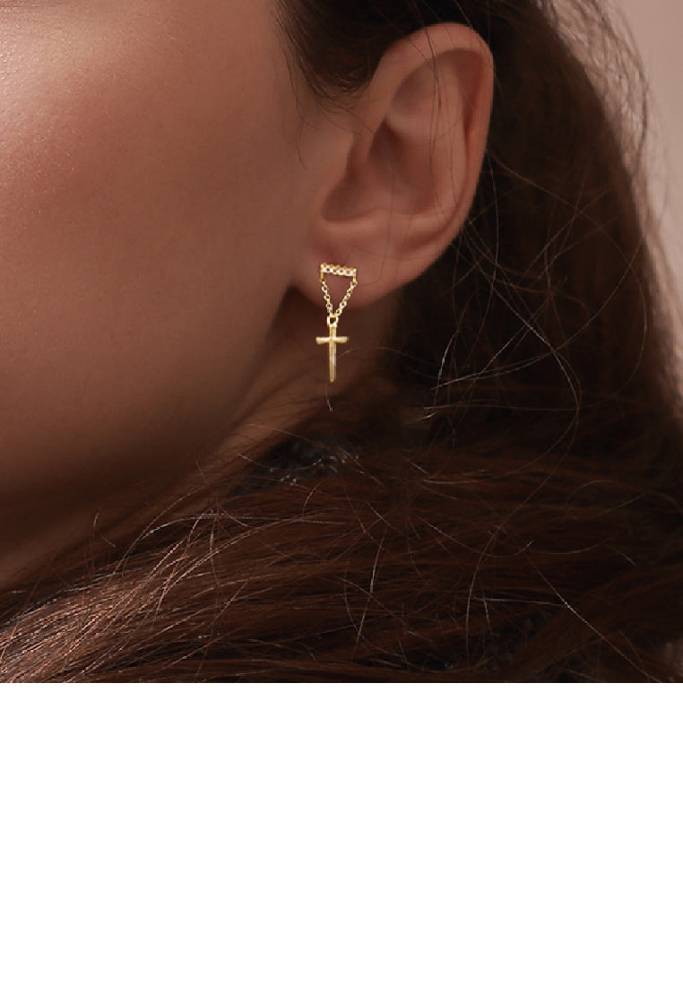 925 Sterling Silver Plated Gold Fashion Personality Cross Tassel Earrings with Cubic Zirconia - Luxurious Look