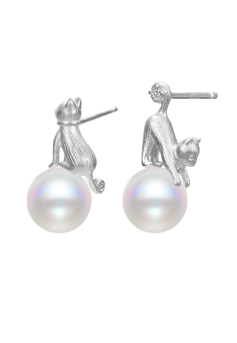 925 Sterling Silver Fashion Simple Cat Imitation Pearl Stud Earrings - Luxurious Look