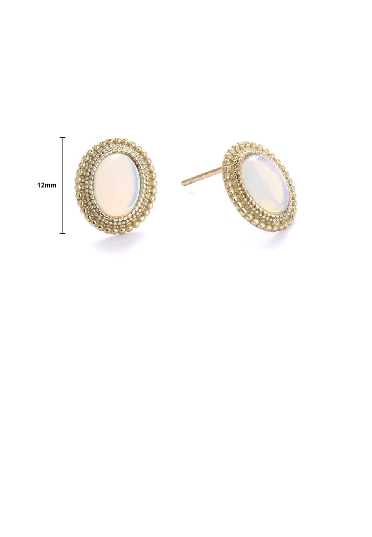 925 Sterling Silver Plated Gold Elegant Lace Geometric Oval Imitation Opal Stud Earrings