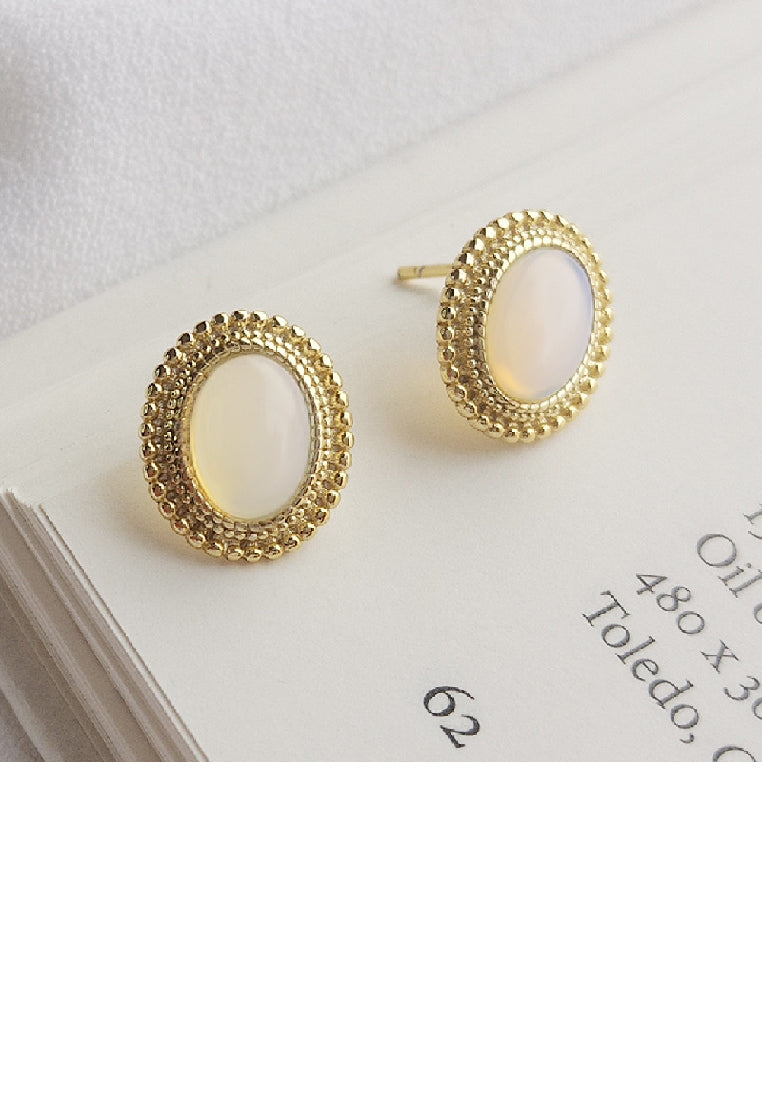 925 Sterling Silver Plated Gold Elegant Lace Geometric Oval Imitation Opal Stud Earrings