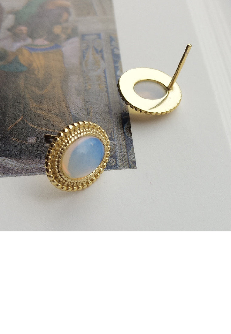 925 Sterling Silver Plated Gold Elegant Lace Geometric Oval Imitation Opal Stud Earrings