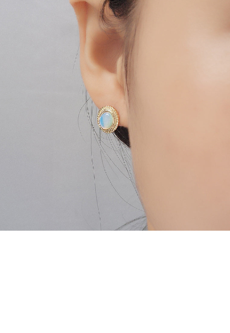 925 Sterling Silver Plated Gold Elegant Lace Geometric Oval Imitation Opal Stud Earrings