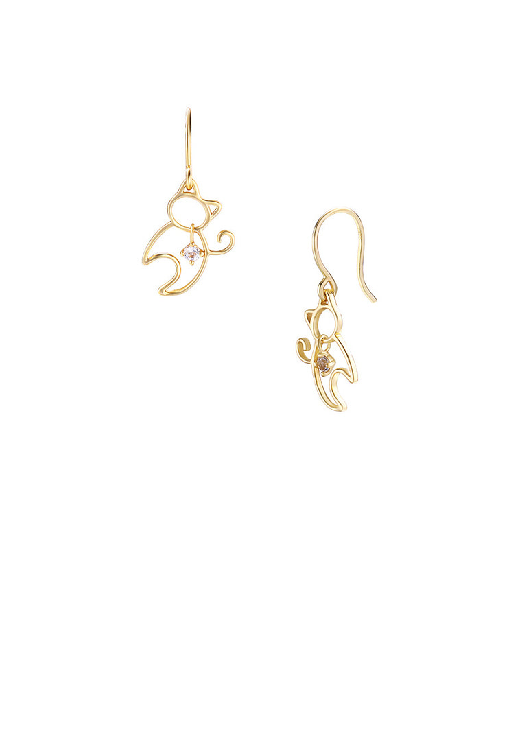 925 Sterling Silver Plated Gold Simple Cute Hollow Cat Earrings with White Cubic Zirconia - Luxurious Look