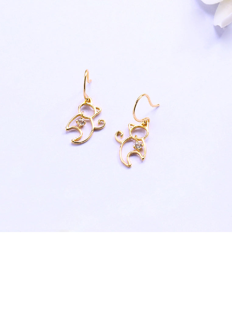 925 Sterling Silver Plated Gold Simple Cute Hollow Cat Earrings with White Cubic Zirconia - Luxurious Look