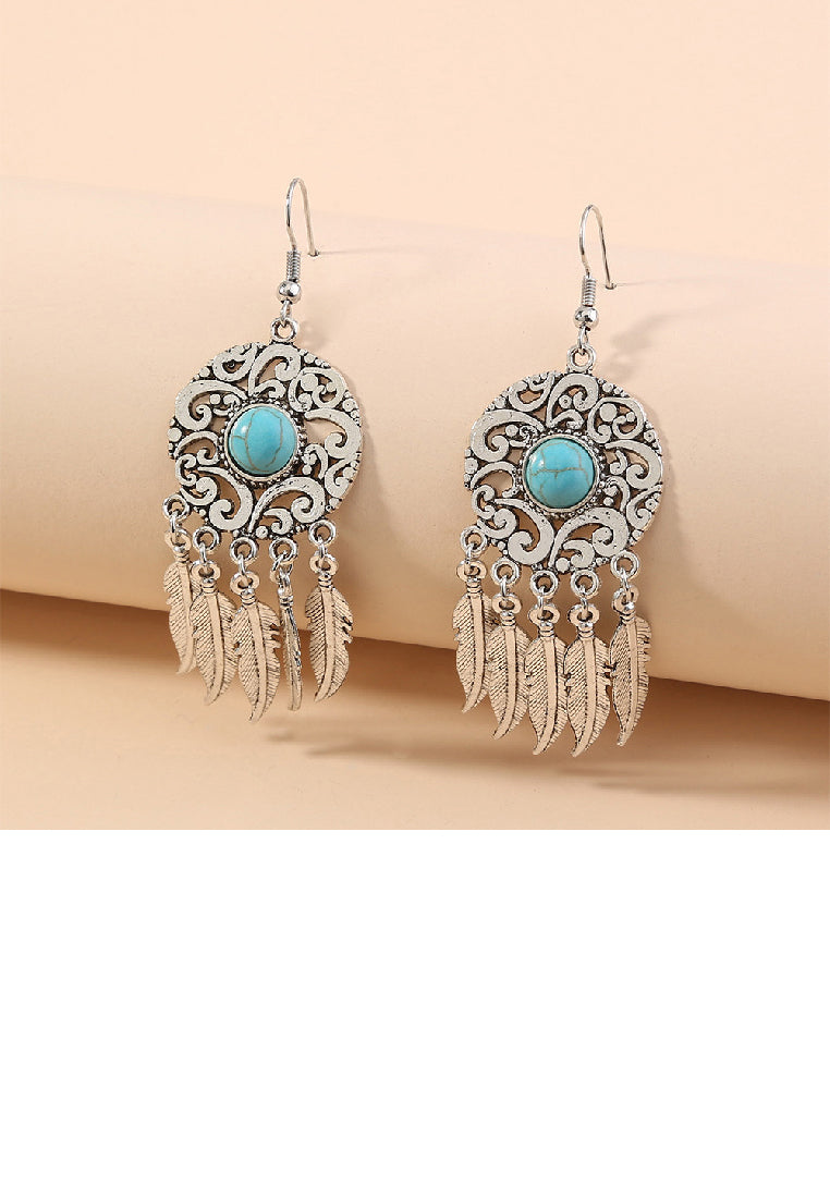 Fashion Vintage Pattern Dream Catcher Tassel Feather Earrings