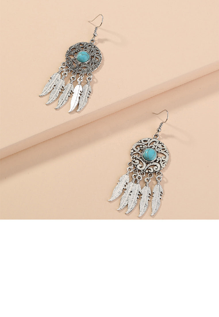 Fashion Vintage Pattern Dream Catcher Tassel Feather Earrings