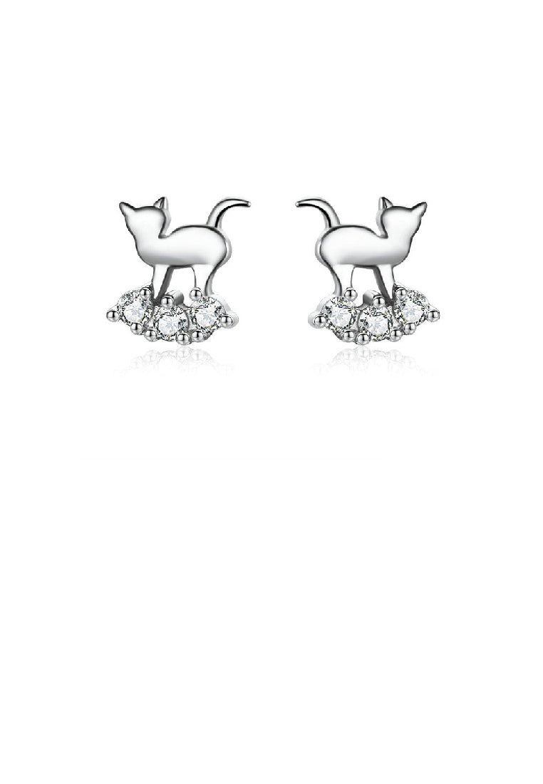 925 Sterling Silver Fashion Cute Cat Stud Earrings with Cubic Zirconia - Luxurious Look
