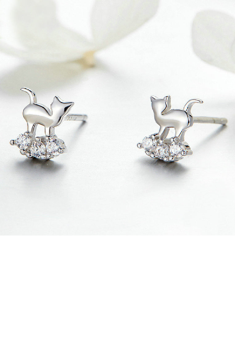 925 Sterling Silver Fashion Cute Cat Stud Earrings with Cubic Zirconia - Luxurious Look