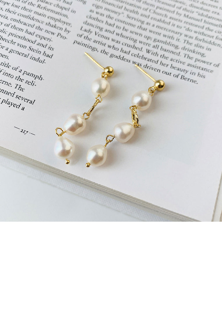 925 Sterling Silver Plated Gold Elegant Temperament Hollow Geometric Tassel Earrings with Imitation Pearls