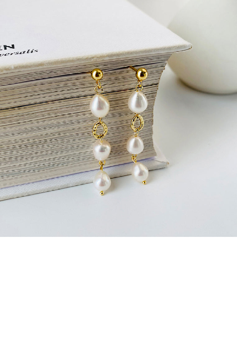 925 Sterling Silver Plated Gold Elegant Temperament Hollow Geometric Tassel Earrings with Imitation Pearls