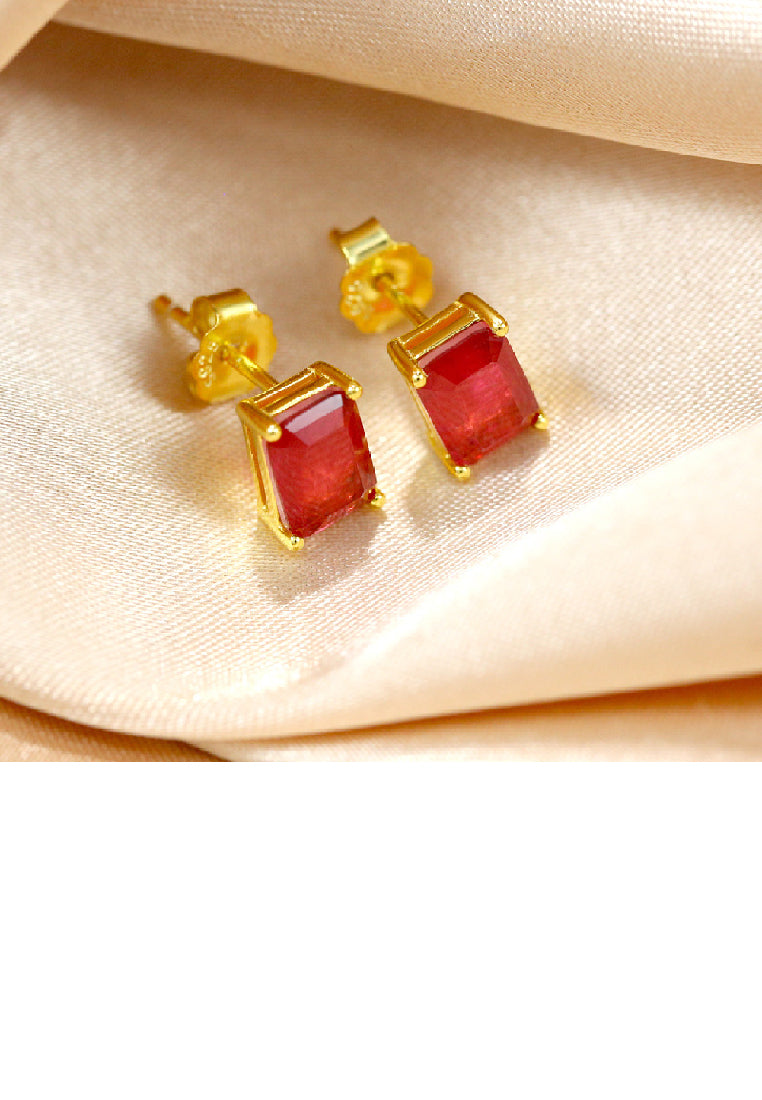 925 Sterling Silver Plated Gold Simple Fashion Geometric Square Red Cubic Zirconia Stud Earrings - Luxurious Look - Vibrant Color