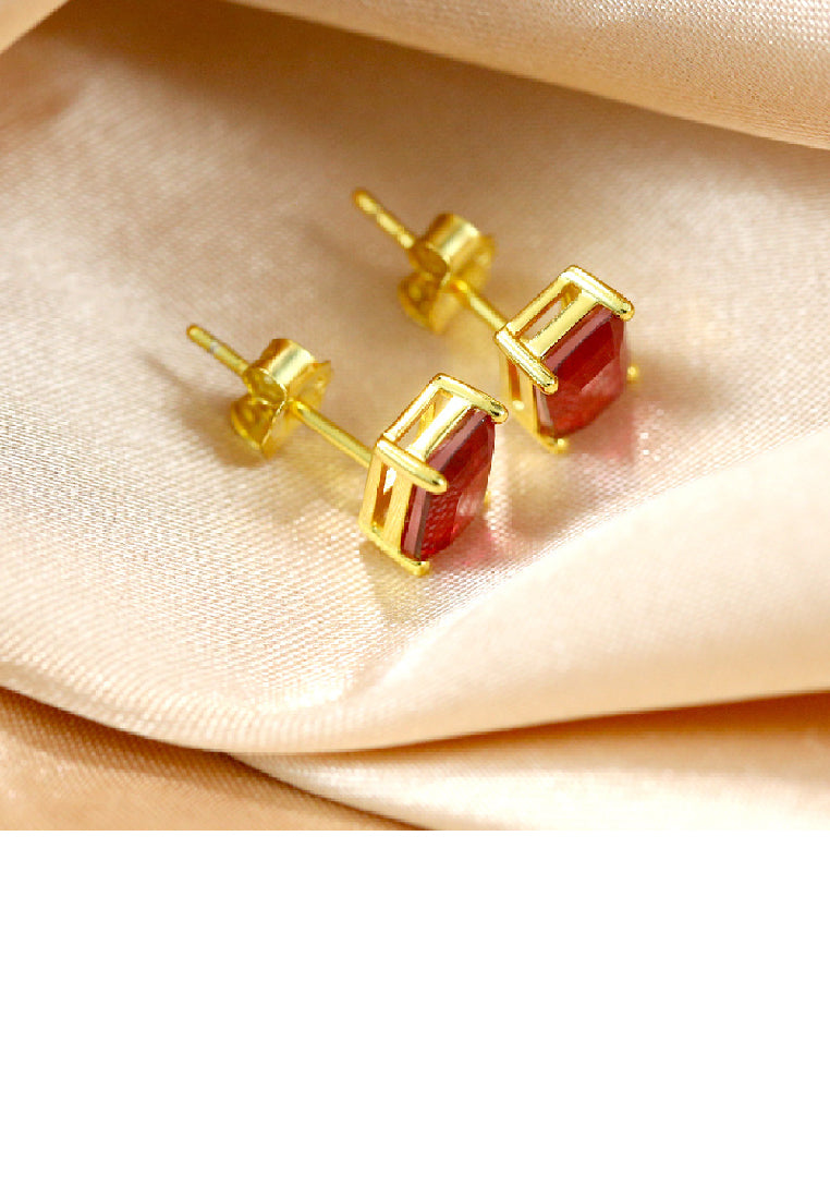 925 Sterling Silver Plated Gold Simple Fashion Geometric Square Red Cubic Zirconia Stud Earrings - Luxurious Look - Vibrant Color