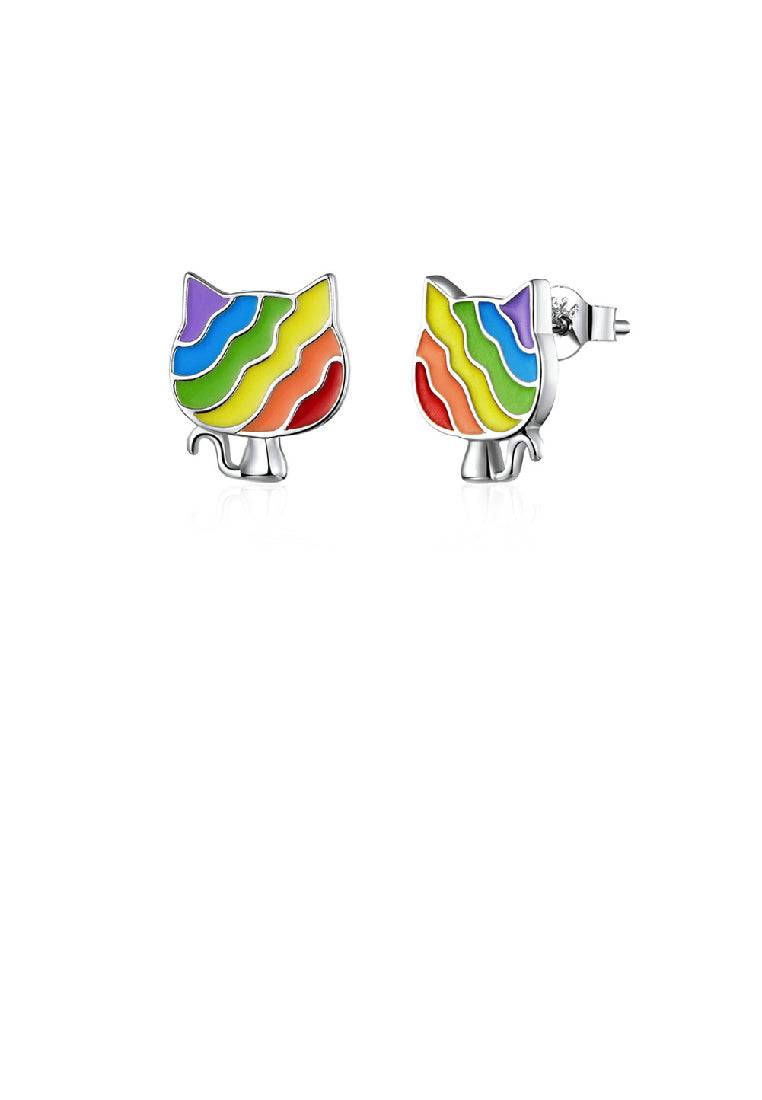 925 Sterling Silver Simple Cute Enamel Colorful Cat Stud Earrings
