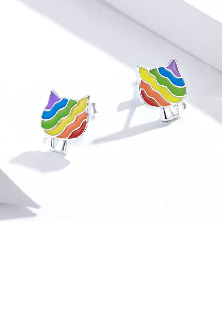 925 Sterling Silver Simple Cute Enamel Colorful Cat Stud Earrings