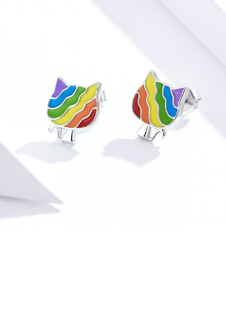 925 Sterling Silver Simple Cute Enamel Colorful Cat Stud Earrings