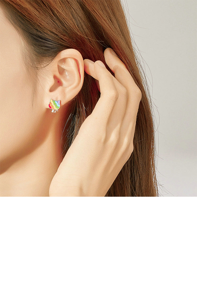 925 Sterling Silver Simple Cute Enamel Colorful Cat Stud Earrings