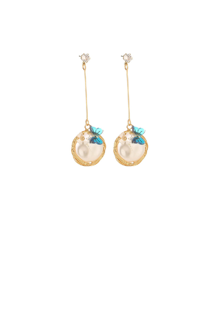Fashion Elegant Plated Gold Butterfly Geometric Round Tassel Earrings with Imitation Pearls
